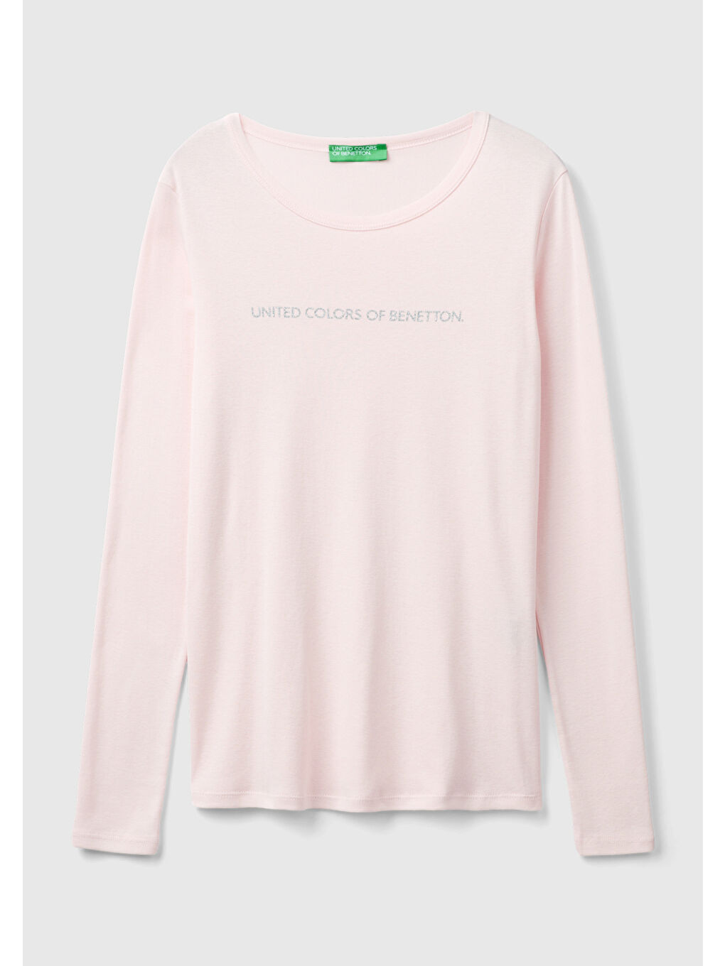 Kadın Toz Pembe 100 Pamuk Bisiklet Yaka Benetton Yazılı Uzun Kollu T Shirt-1