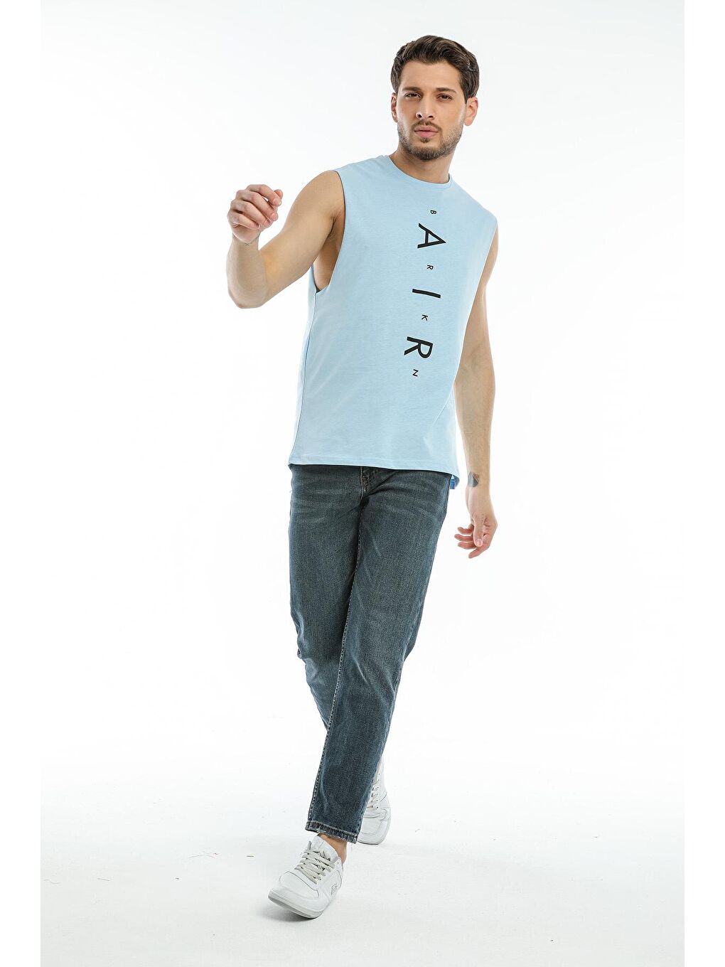 Mavi Erkek Bisiklet Yaka Oversize Fit Air Baskılı  Kolsuz Tişört SPR21Y05-1