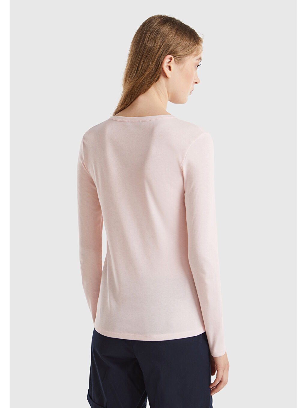 Kadın Toz Pembe 100 Pamuk Bisiklet Yaka Benetton Yazılı Uzun Kollu T Shirt-2