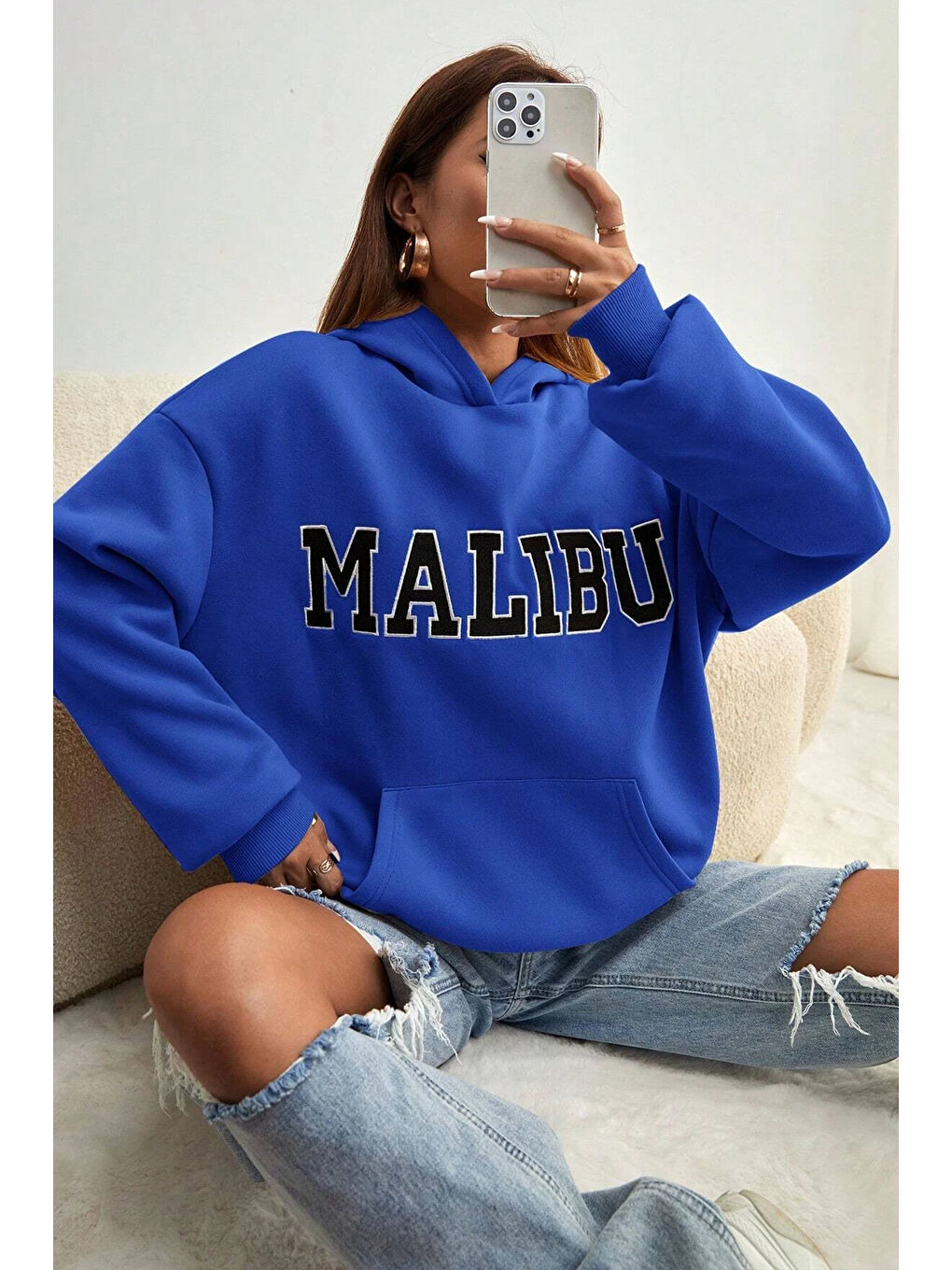 uyguntarz Mavi Unisex Malıbu Baskılı Oversize Sweatshirt