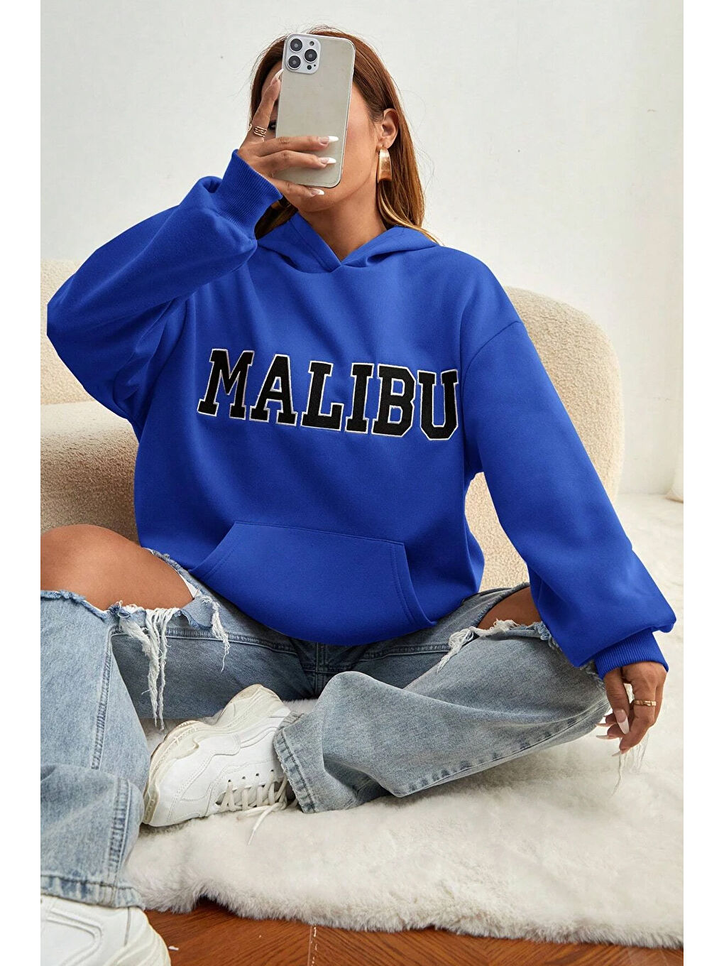 uyguntarz Mavi Unisex Malıbu Baskılı Oversize Sweatshirt - 2