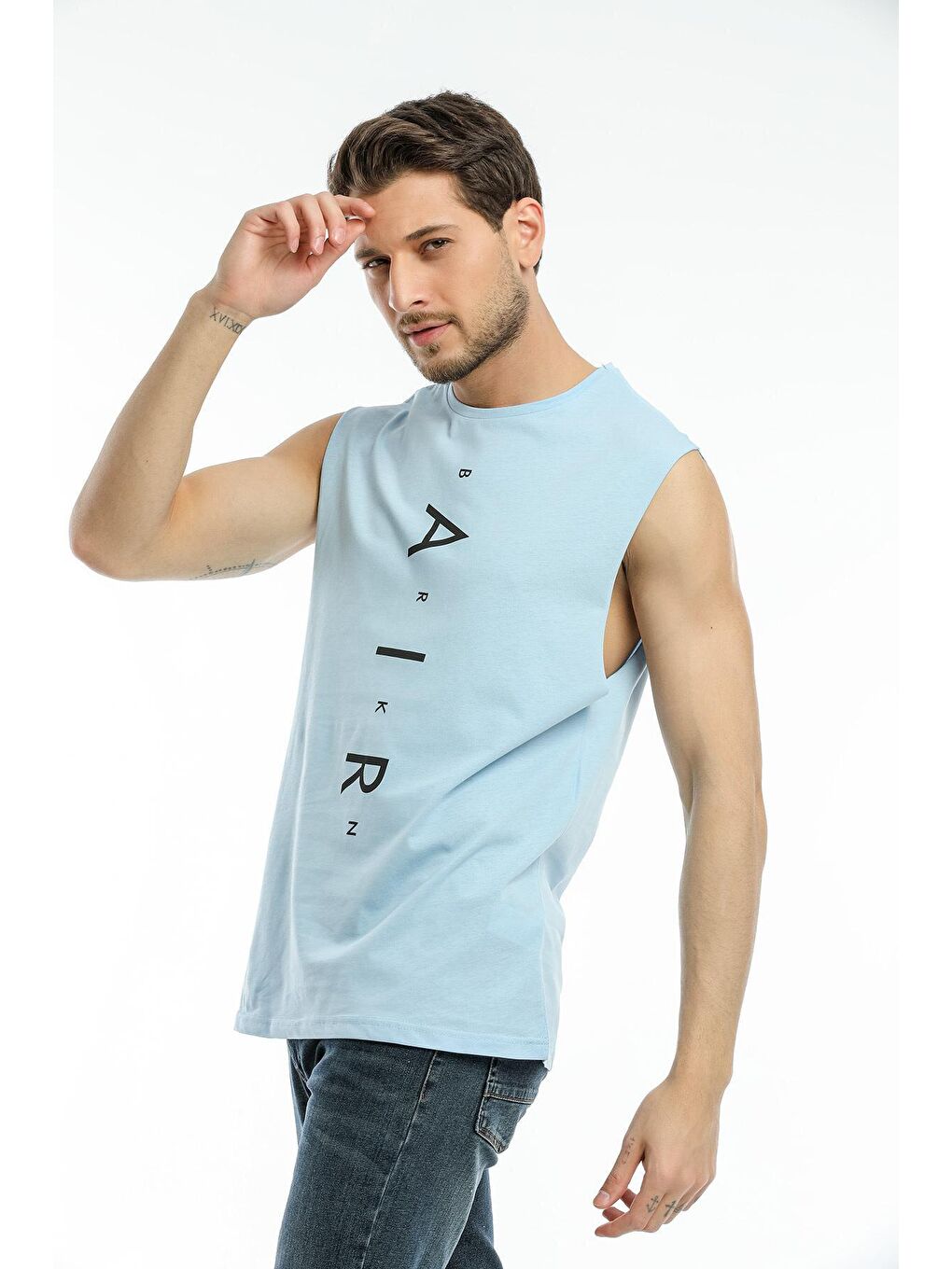 Mavi Erkek Bisiklet Yaka Oversize Fit Air Baskılı  Kolsuz Tişört SPR21Y05-2