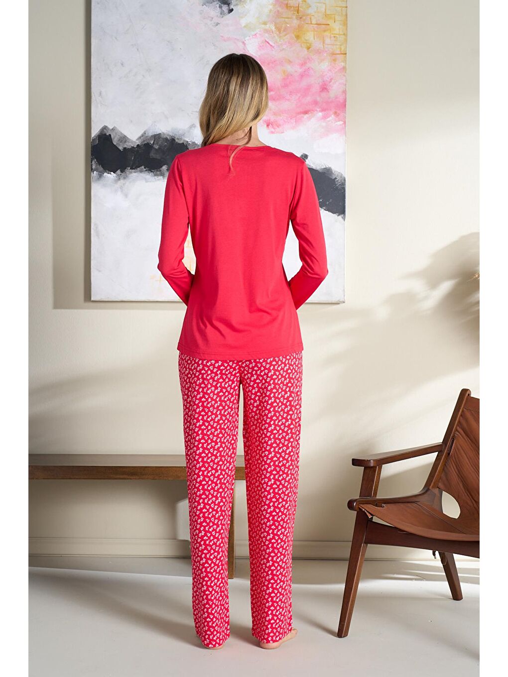 Kadın Desenli Modal Önü Patlı Pijama Takım | Kırmızı 3193-1