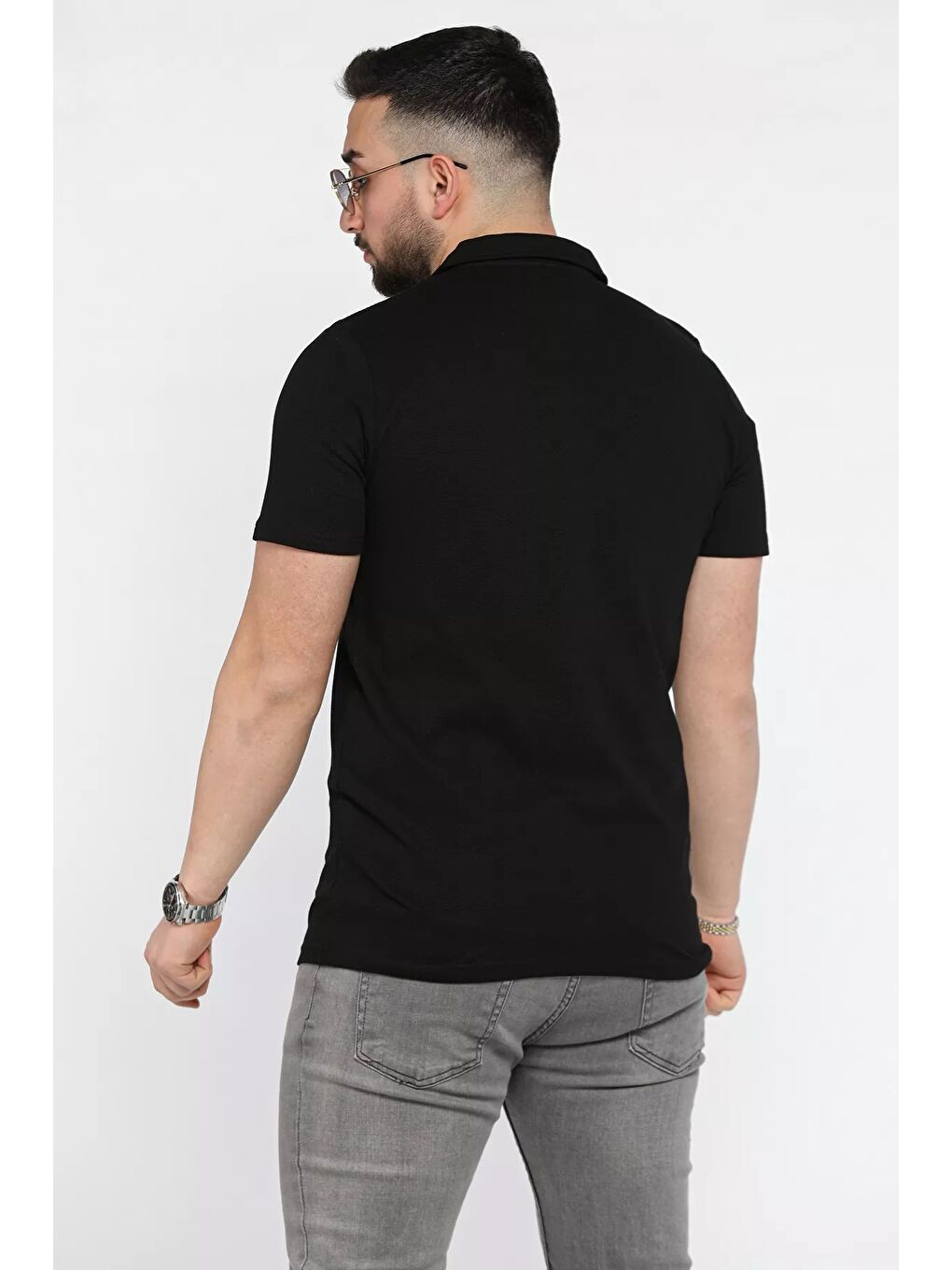 Siyah Erkek Kendinden Desenli Devrik Yaka Yarım Kol Gömlek-2