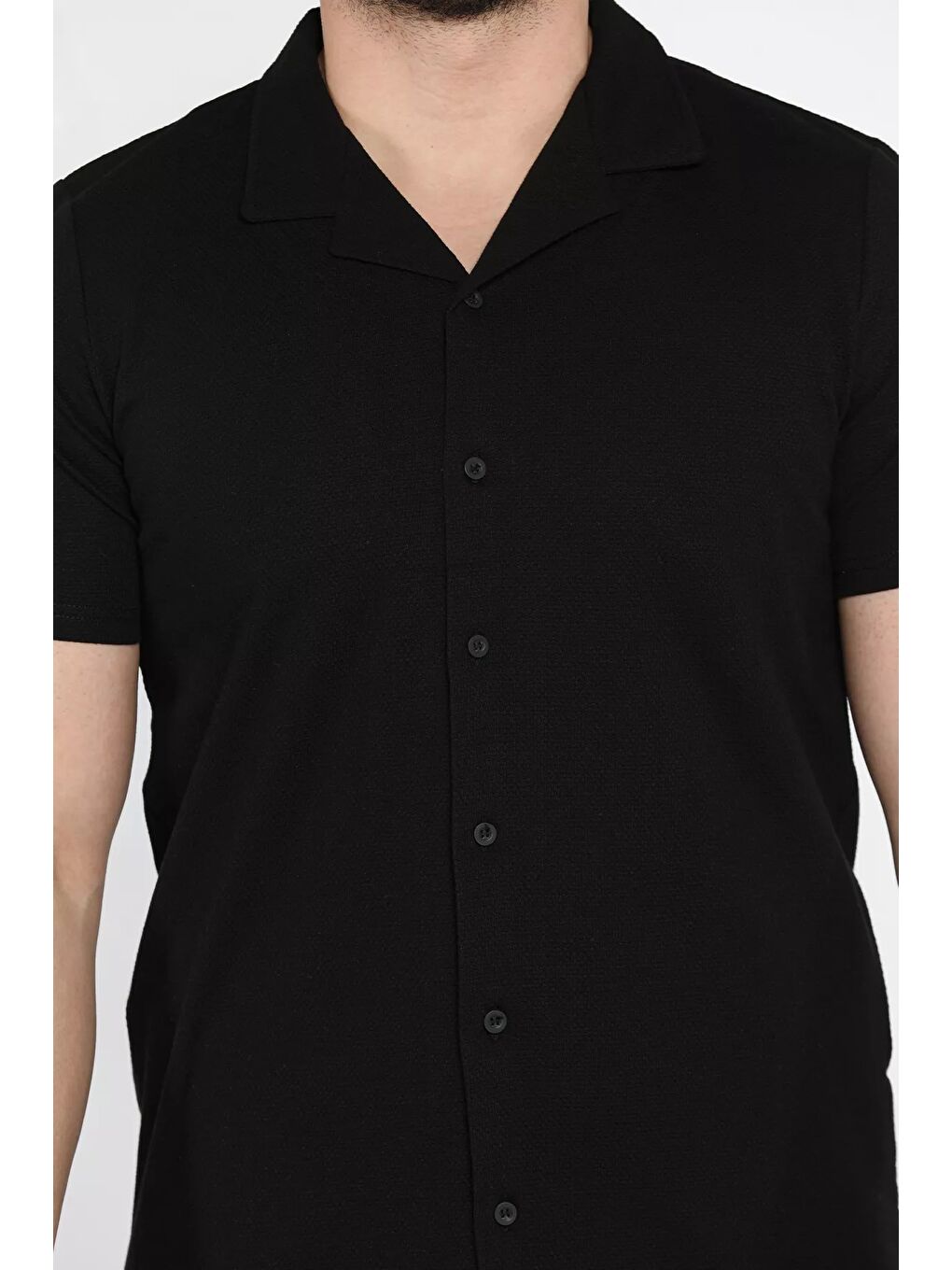 Siyah Erkek Kendinden Desenli Devrik Yaka Yarım Kol Gömlek-3