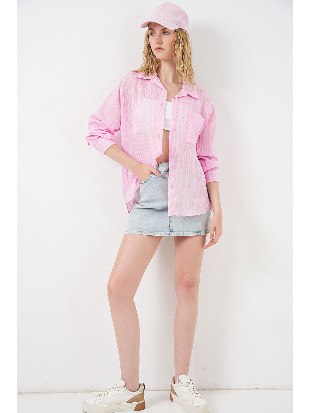 Kadın Tek Cepli Çizgili Oversize Gömlek 20375 - Pembe-1