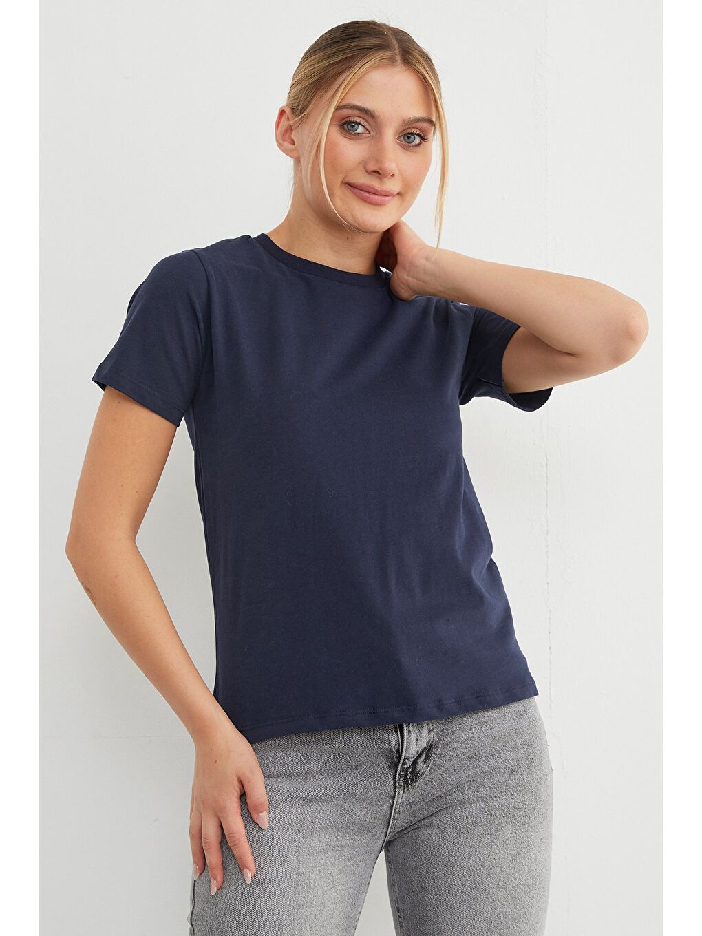 Lacivert Basic Bisiklet Yaka Tişört-1