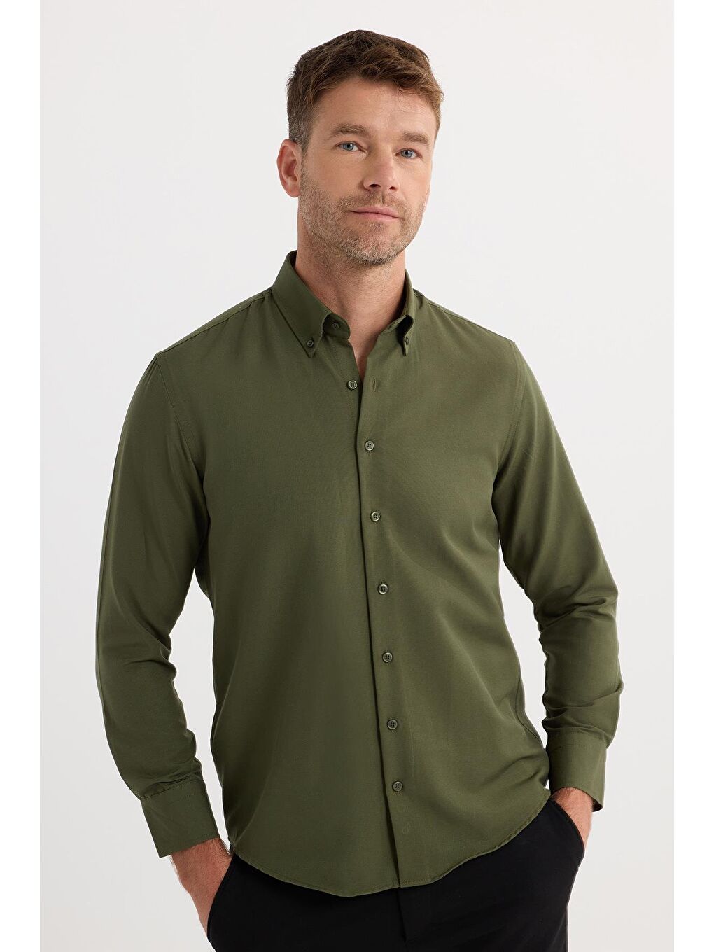 Regular Fit Düğmeli Yaka Pamuklu Kolay Ütü Oxford Düz Erkek Haki Gömlek-3