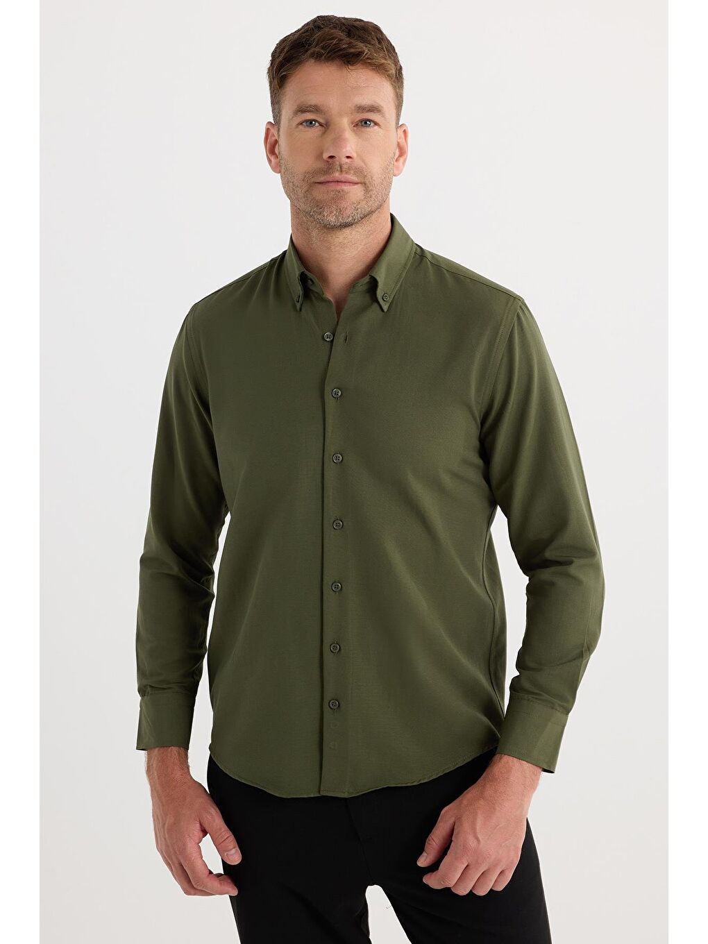 Regular Fit Düğmeli Yaka Pamuklu Kolay Ütü Oxford Düz Erkek Haki Gömlek-4