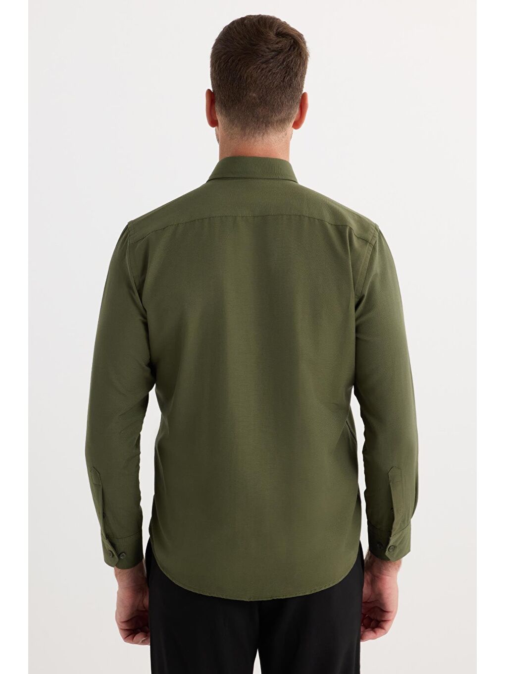 Regular Fit Düğmeli Yaka Pamuklu Kolay Ütü Oxford Düz Erkek Haki Gömlek-6