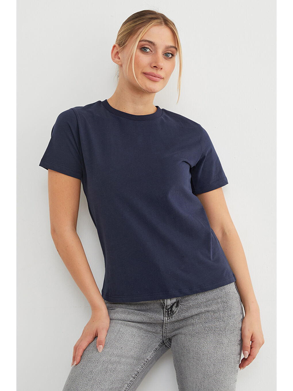 Lacivert Basic Bisiklet Yaka Tişört-3