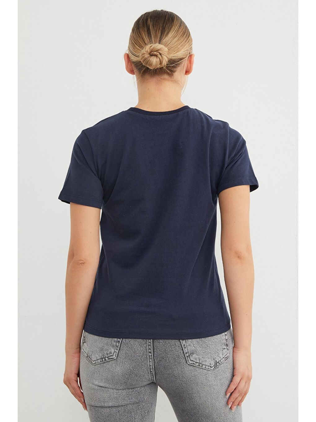 Lacivert Basic Bisiklet Yaka Tişört-4