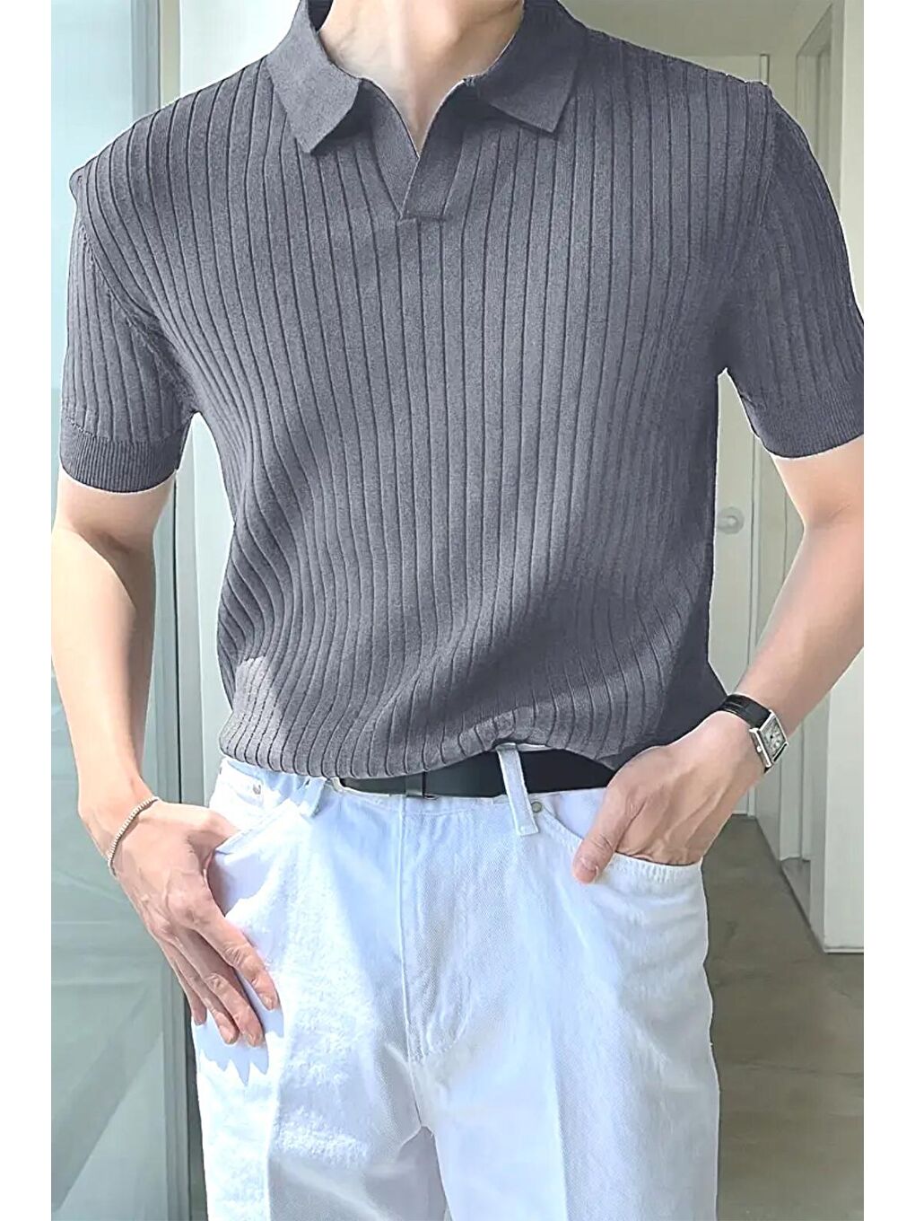 Oksit Gri Lorens Çizgili Elastanlı Slim Fit Polo Yaka Örme Erkek Triko Tshirt