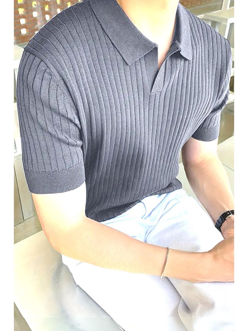 Oksit Gri Lorens Çizgili Elastanlı Slim Fit Polo Yaka Örme Erkek Triko Tshirt - 1