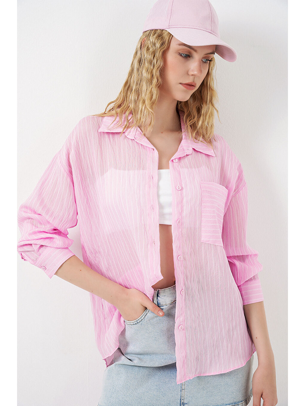 Kadın Tek Cepli Çizgili Oversize Gömlek 20375 - Pembe-3