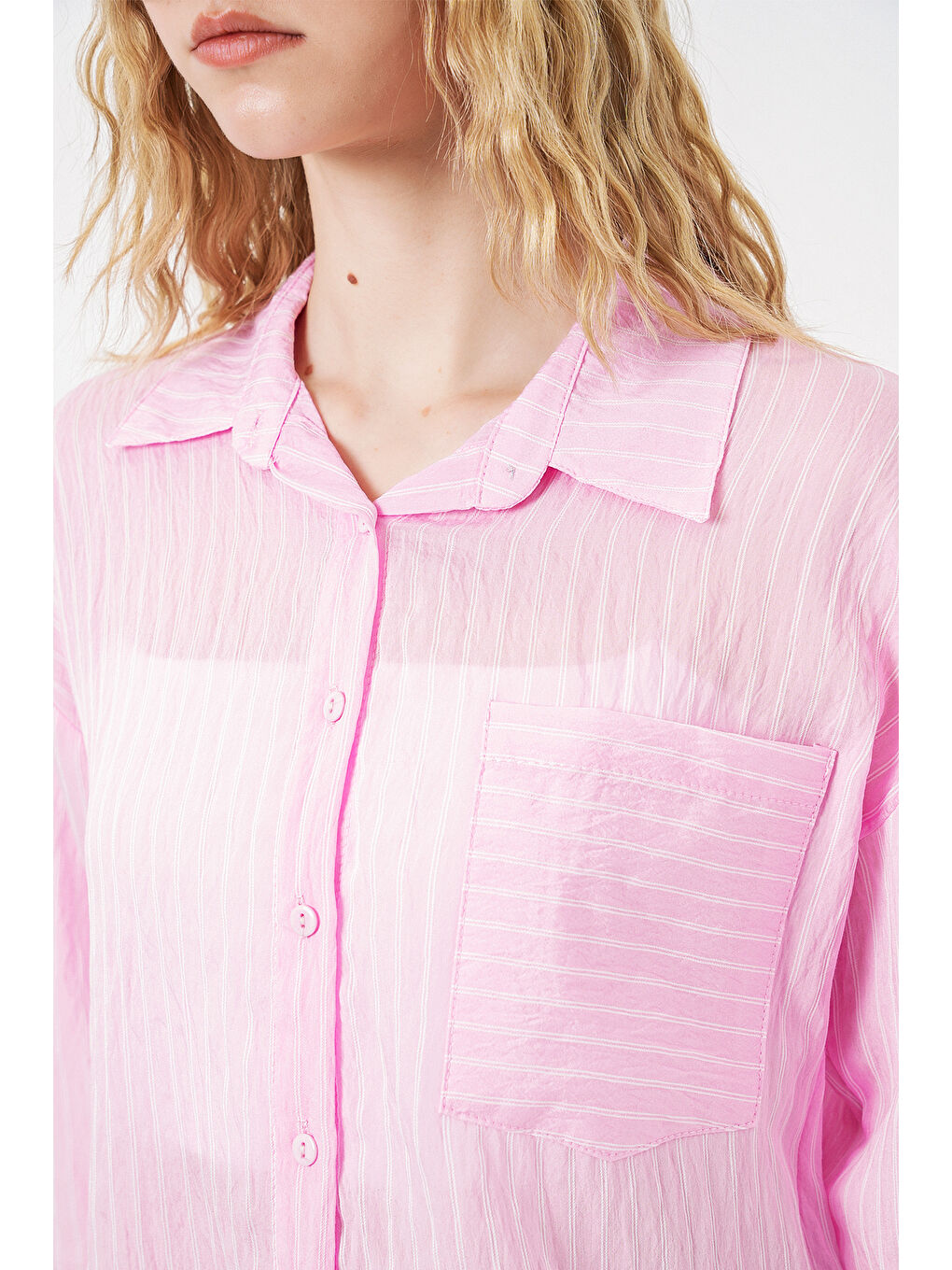 Kadın Tek Cepli Çizgili Oversize Gömlek 20375 - Pembe-4