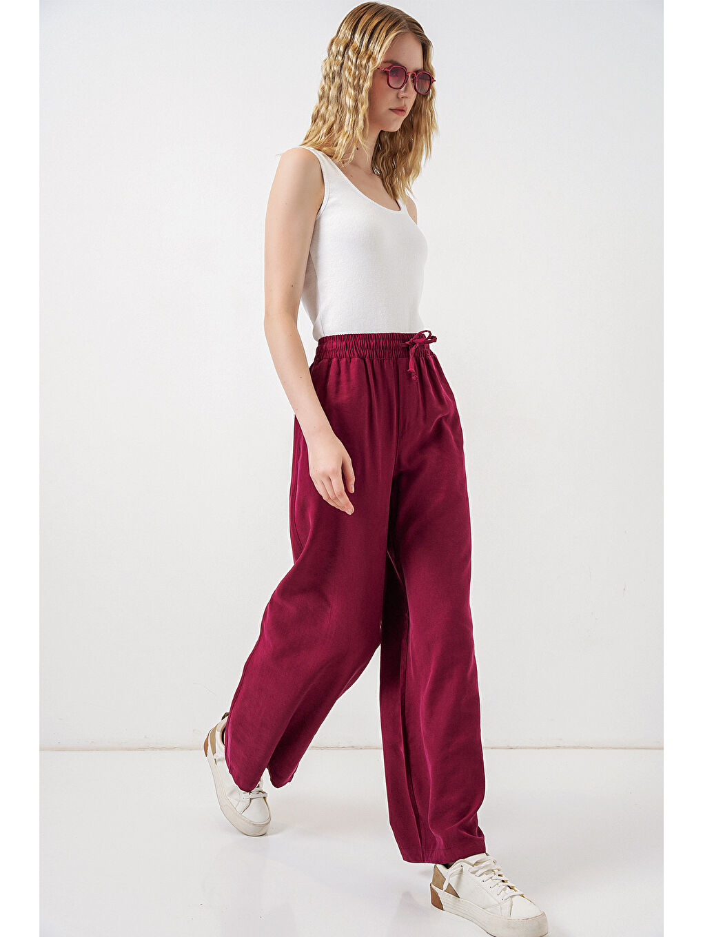 Kadın Yüksek Bel Geniş Paça Pantolon 30097 - Bordo-2