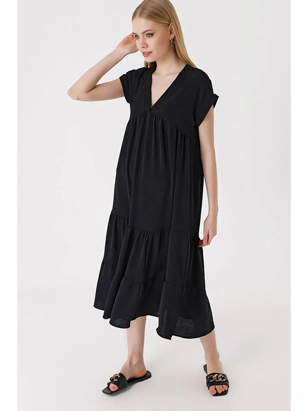 Kadın Siyah V Yaka Yazlık Uzun Ayrobin Elbise
