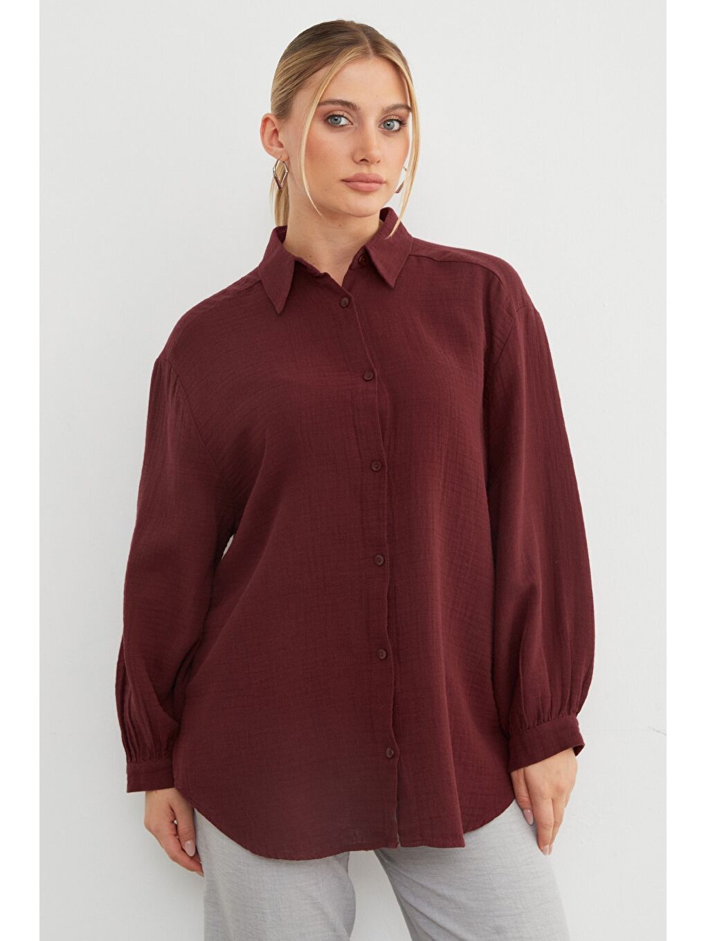 Bordo Basic Oversize Gömlek