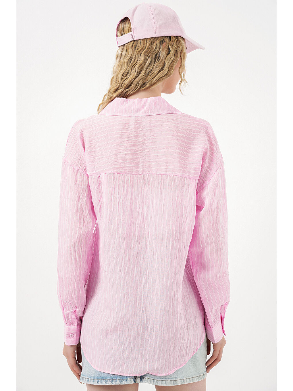 Kadın Tek Cepli Çizgili Oversize Gömlek 20375 - Pembe-5