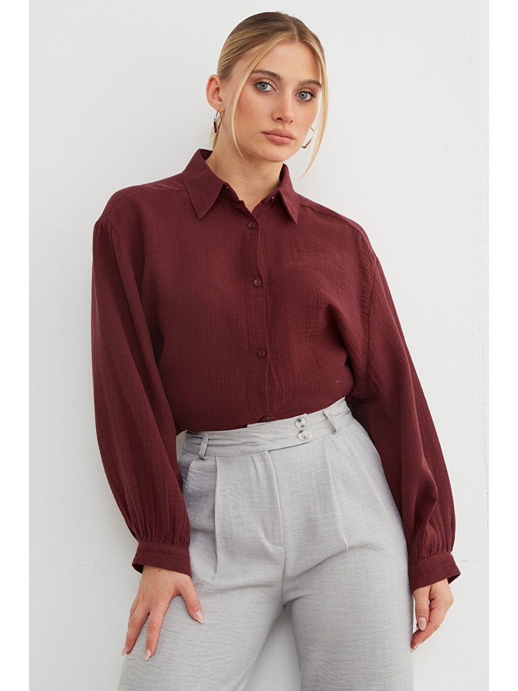 Bordo Basic Oversize Gömlek-3