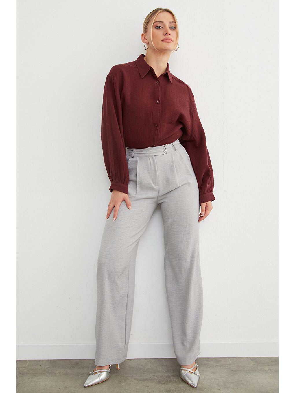 Bordo Basic Oversize Gömlek-4