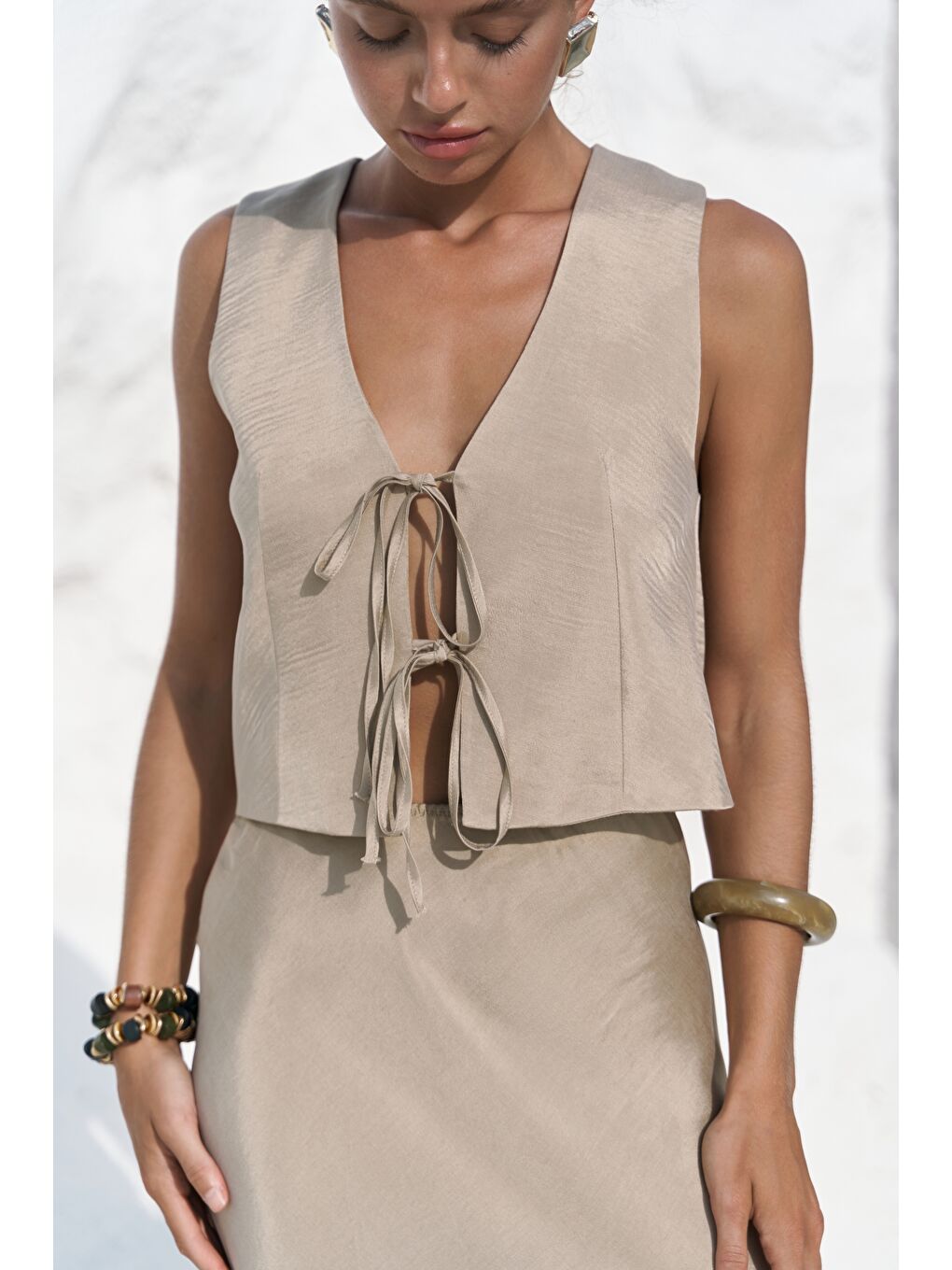 Bej Katanya Taş Yelek Etek Takım-7