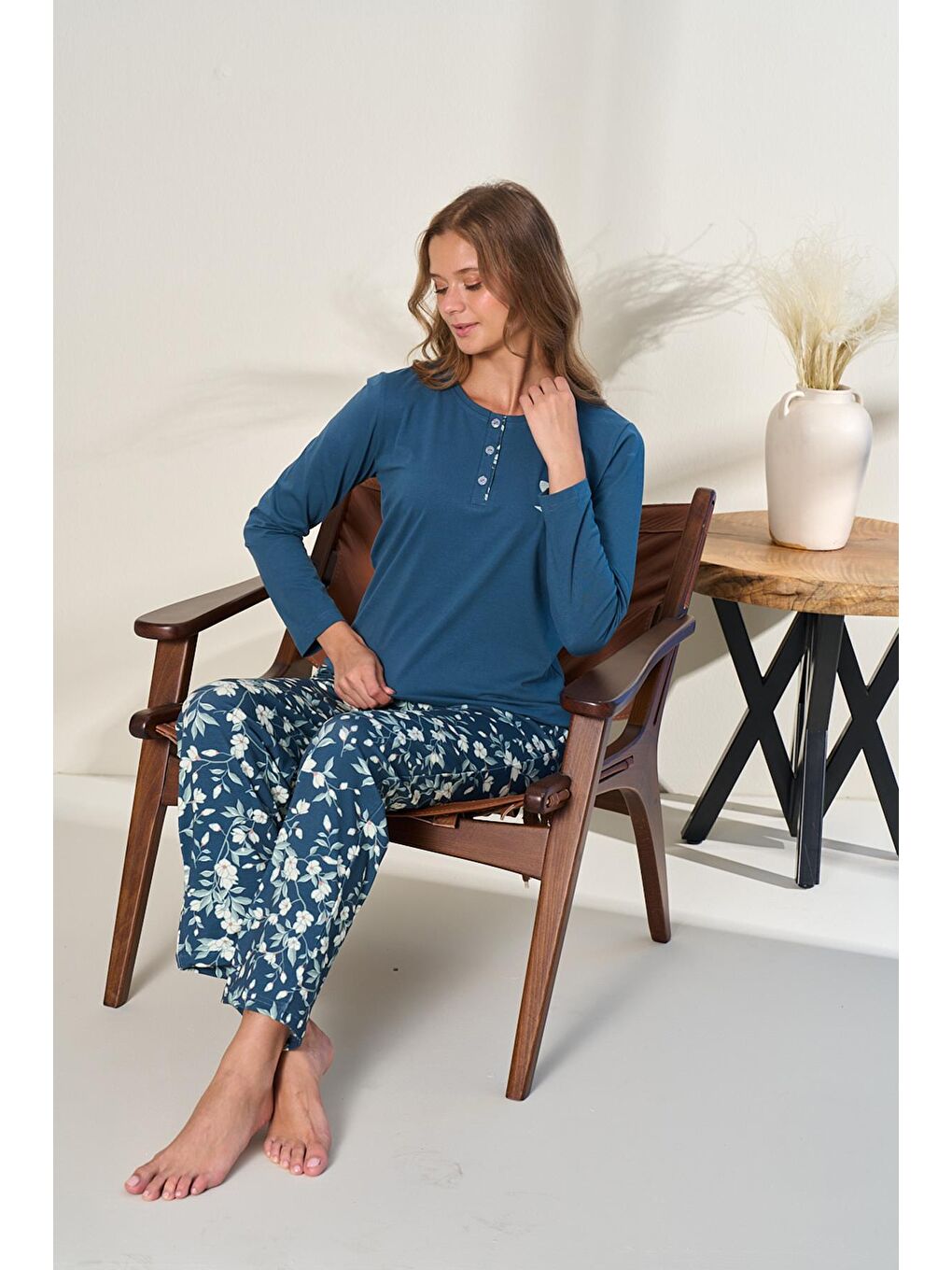 Kadın Elastanlı Süprem Desenli Önü Patlı Pijama Takım | Petrol 3135-1