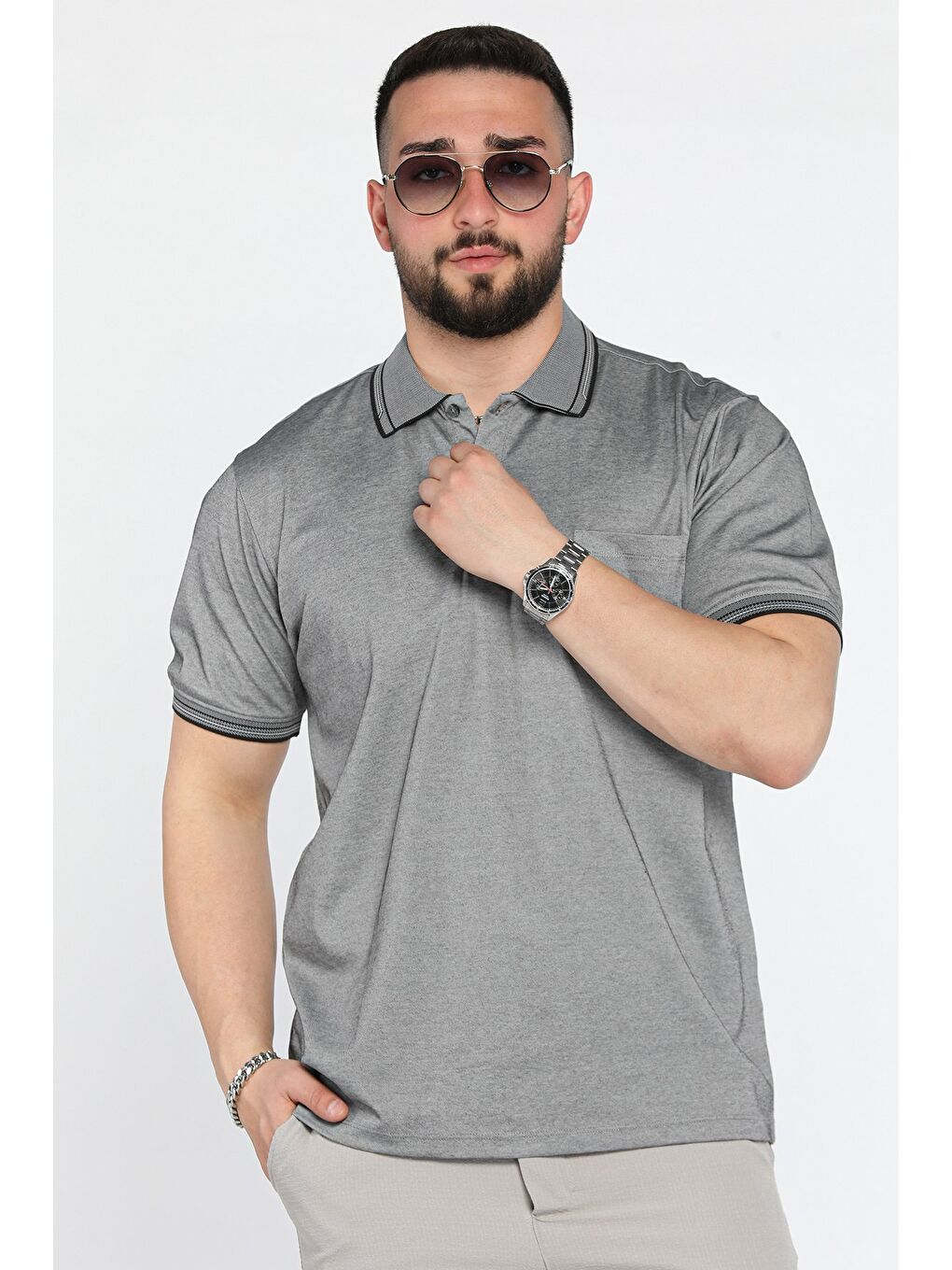 Siyah Yarım Düğmeli Polo Yaka Cepli Erkek Tişört