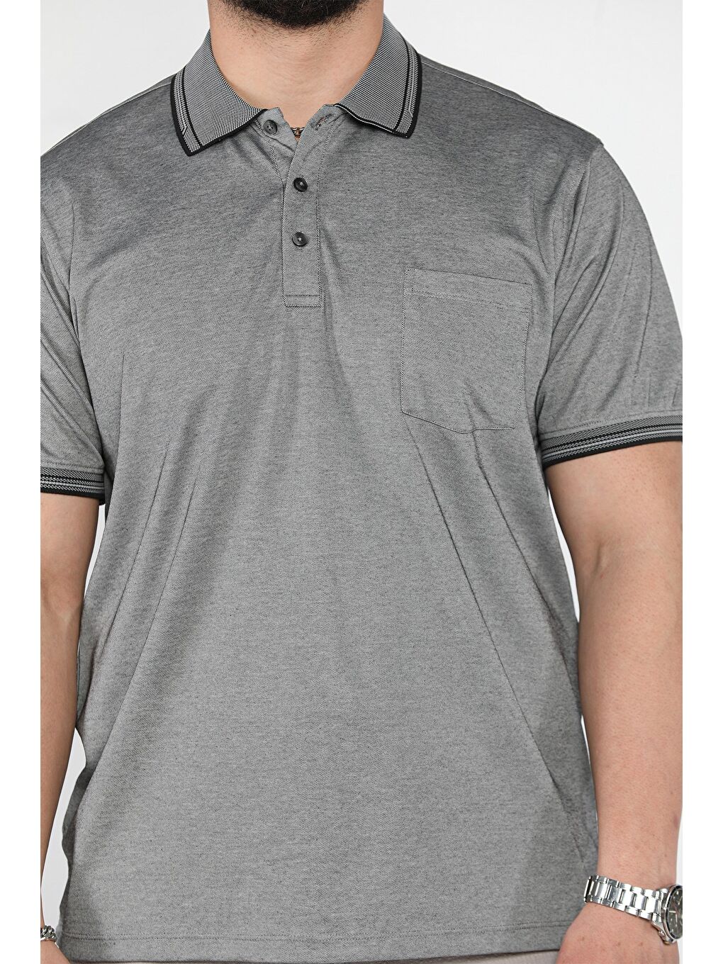 Siyah Yarım Düğmeli Polo Yaka Cepli Erkek Tişört-3