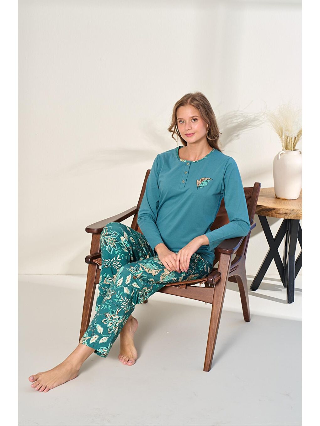 Kadın Elastanlı Süprem Önü Patlı Pijama Takımı | Petrol 3128-1