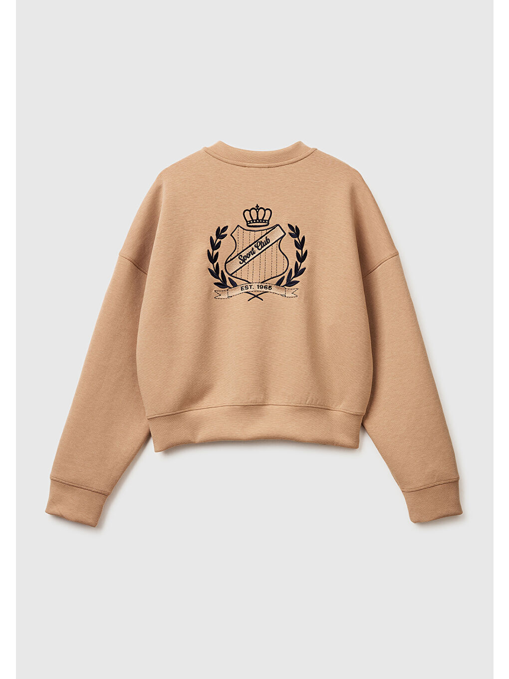 Kadın Bej Pamuk ve Modal Karışımlı Arkası İşlemeli Bisiklet Yaka Sweatshirt-1