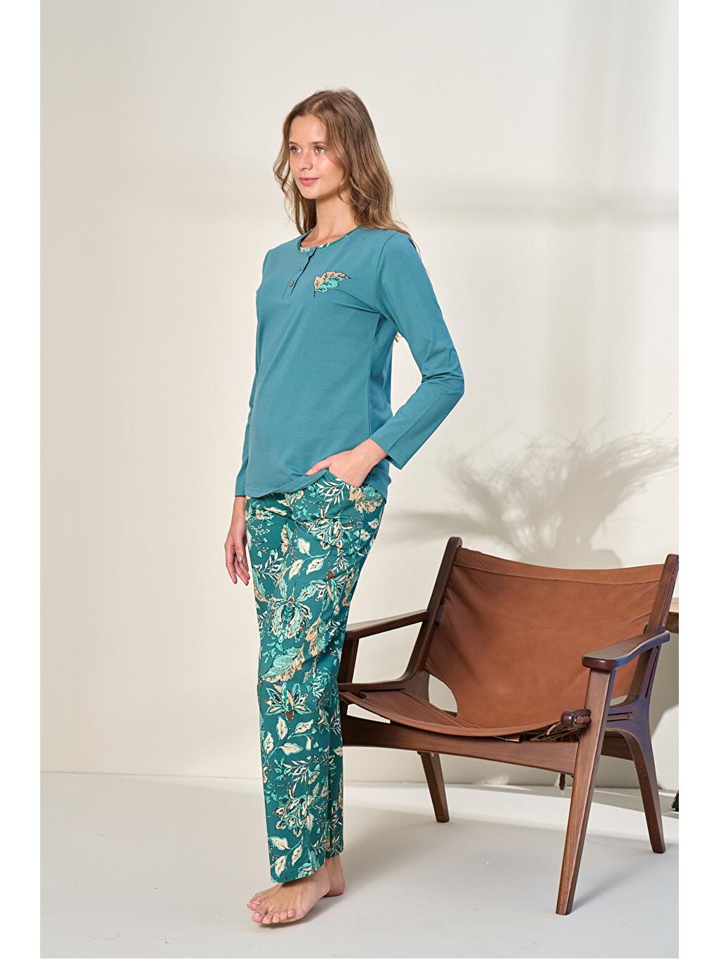 Kadın Elastanlı Süprem Önü Patlı Pijama Takımı | Petrol 3128-2