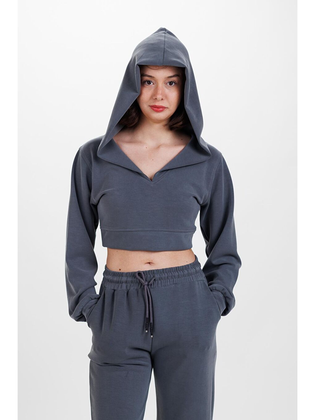 Ecrou Antrasit Kadın Antrasit Kapüşonlu Crop Ultra Soft  Hoodie - 4