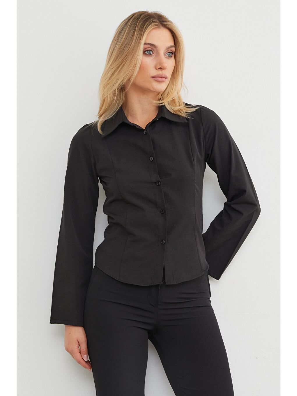 Siyah İspanyol Kol Terikoton Kumaş Kuplu Gömlek-1