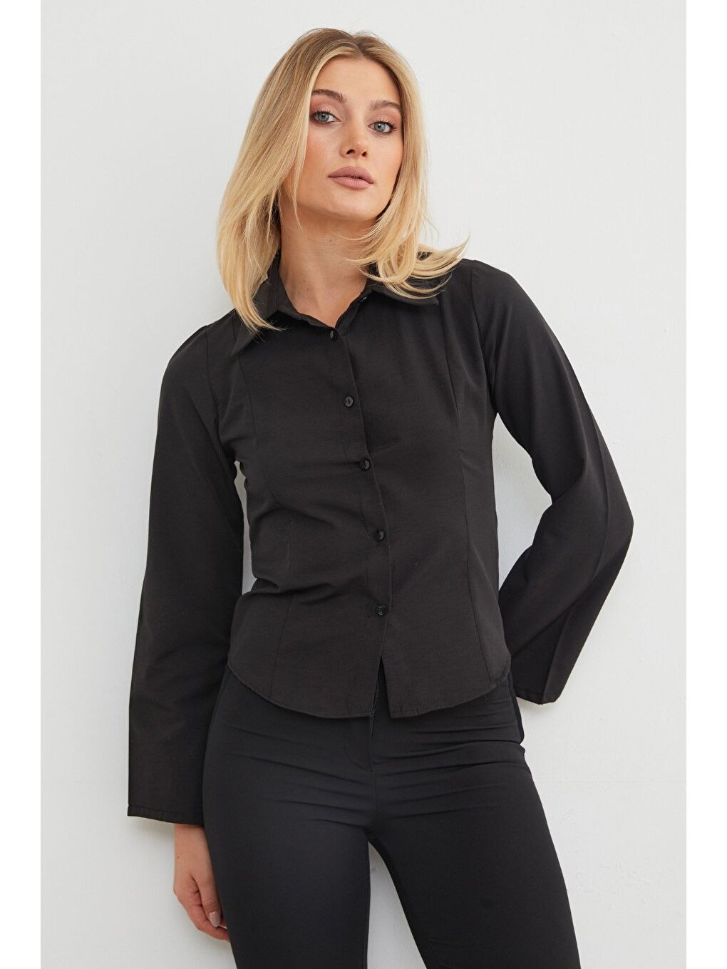 Siyah İspanyol Kol Terikoton Kumaş Kuplu Gömlek-2