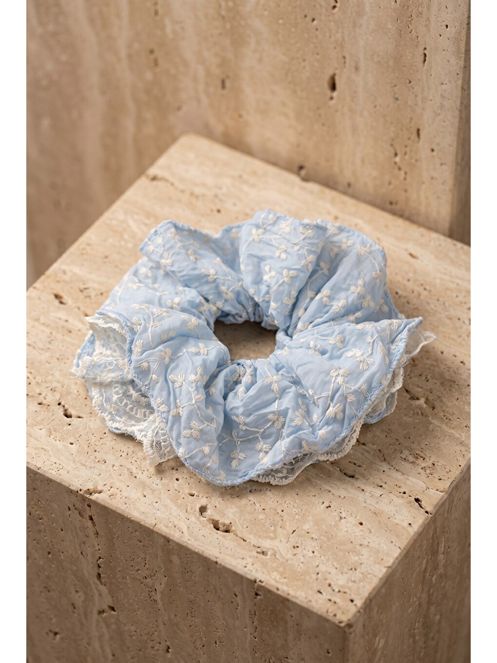 Mavi Dantelli Çift Kat Tüllü Scrunchie Toka