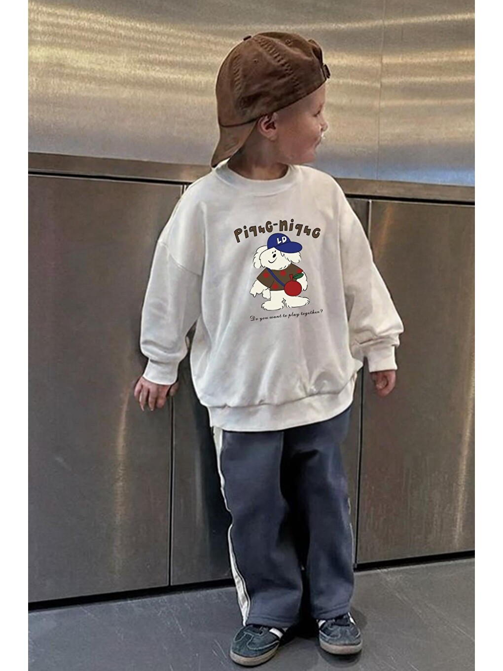 Ekru Erkek Çocuk Baskılı 3 İplik Kumaş Pamuklu Sweatshirt