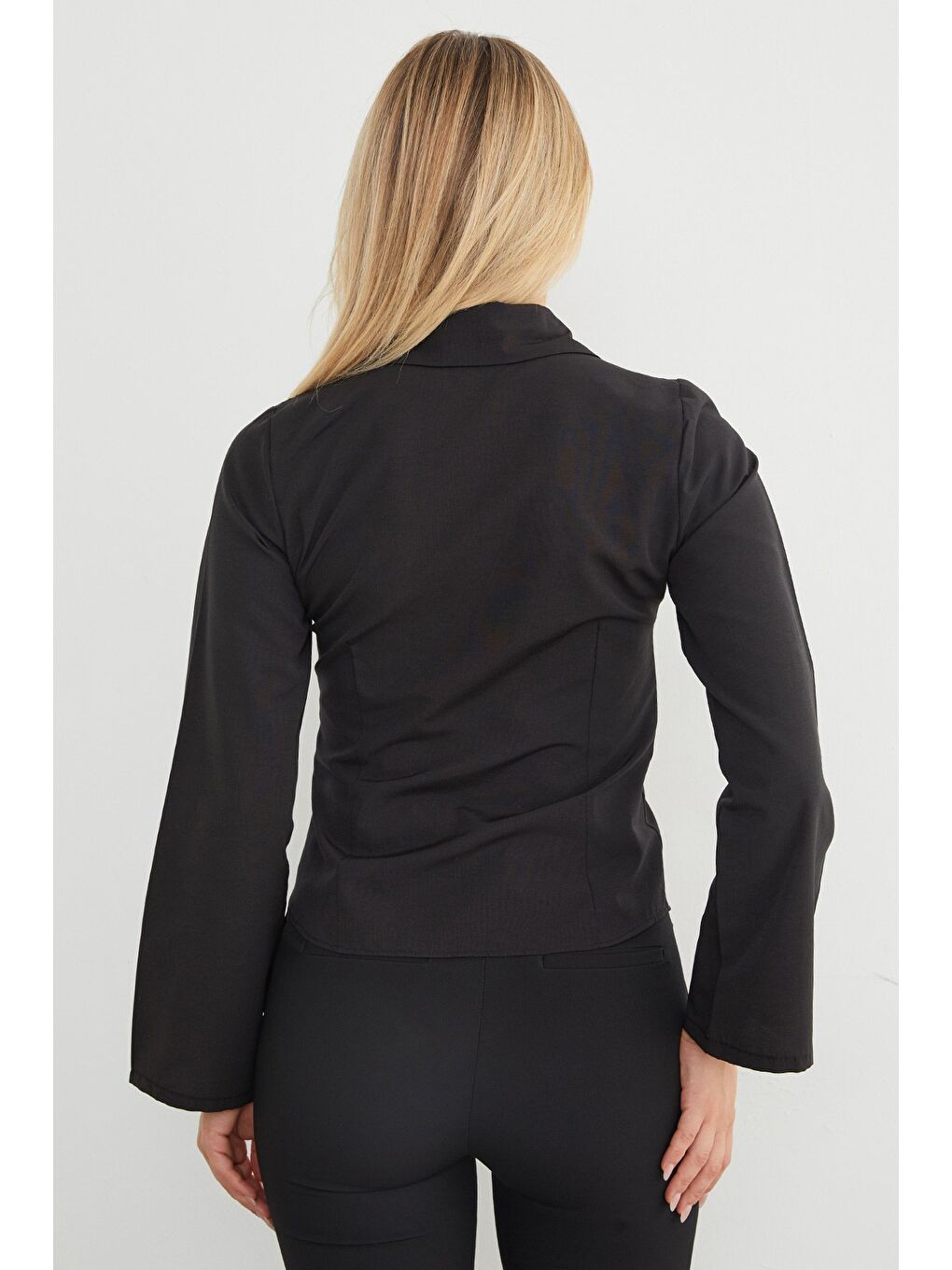 Siyah İspanyol Kol Terikoton Kumaş Kuplu Gömlek-4