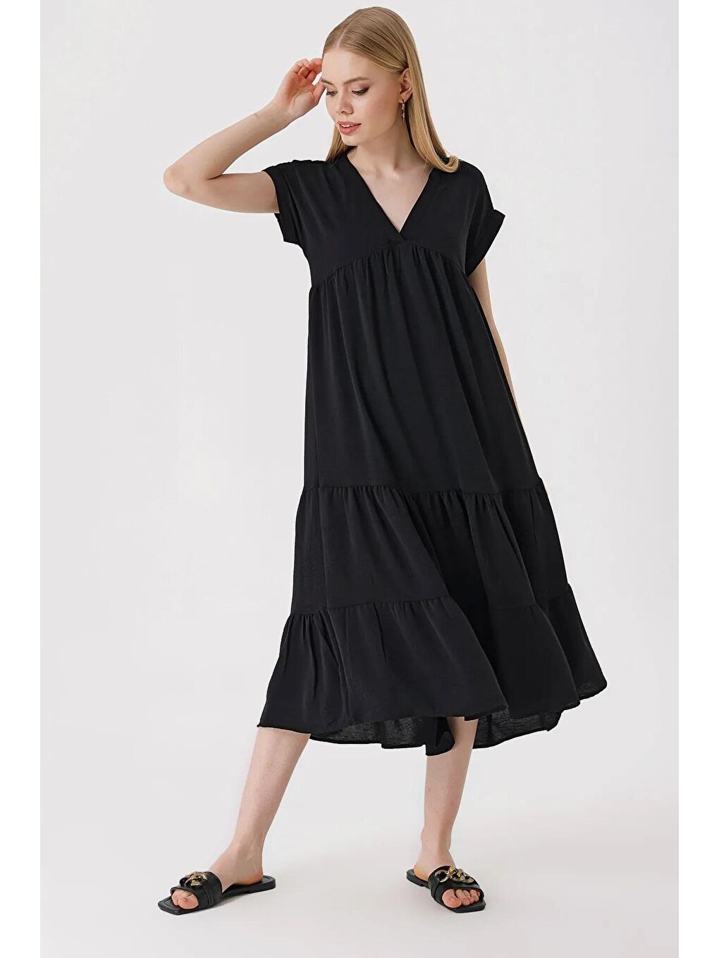 Kadın Siyah V Yaka Yazlık Uzun Ayrobin Elbise-3