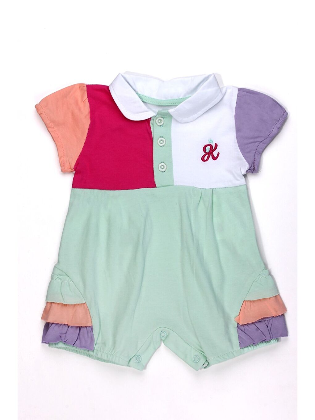 Turkuaz Kız Bebek Renkli Polo Yaka Tulum Yazlık Pamuk Bebek Tulum Şort Tulum
