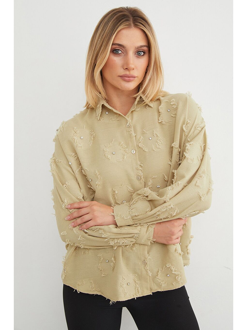 Bej Taş işlemeli Püsküllü Arkası Uzun Salaş Gömlek-3