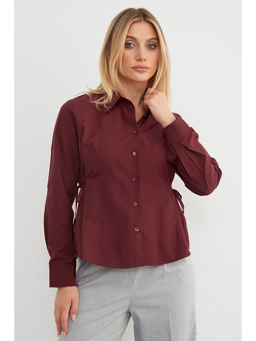 Bordo Basic Yanı Bağlama Detaylı Gömlek-1