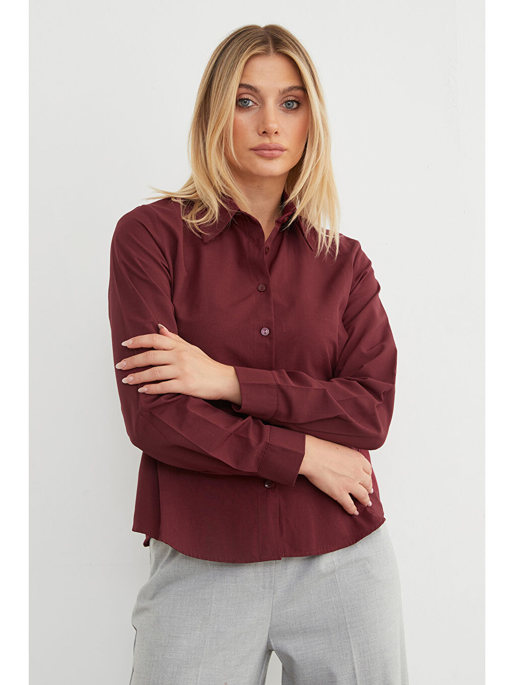 Bordo Basic Yanı Bağlama Detaylı Gömlek-2