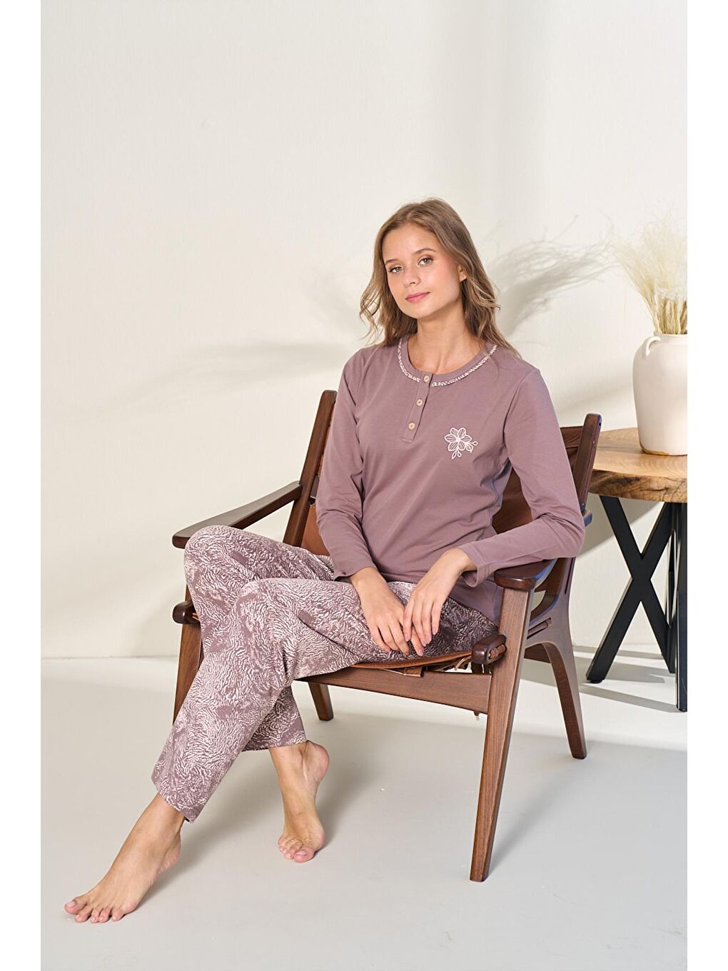 Kadın Penye Süprem Battal Önü Patlı Pijama Takımı | Açık Kahverengi 3129-1