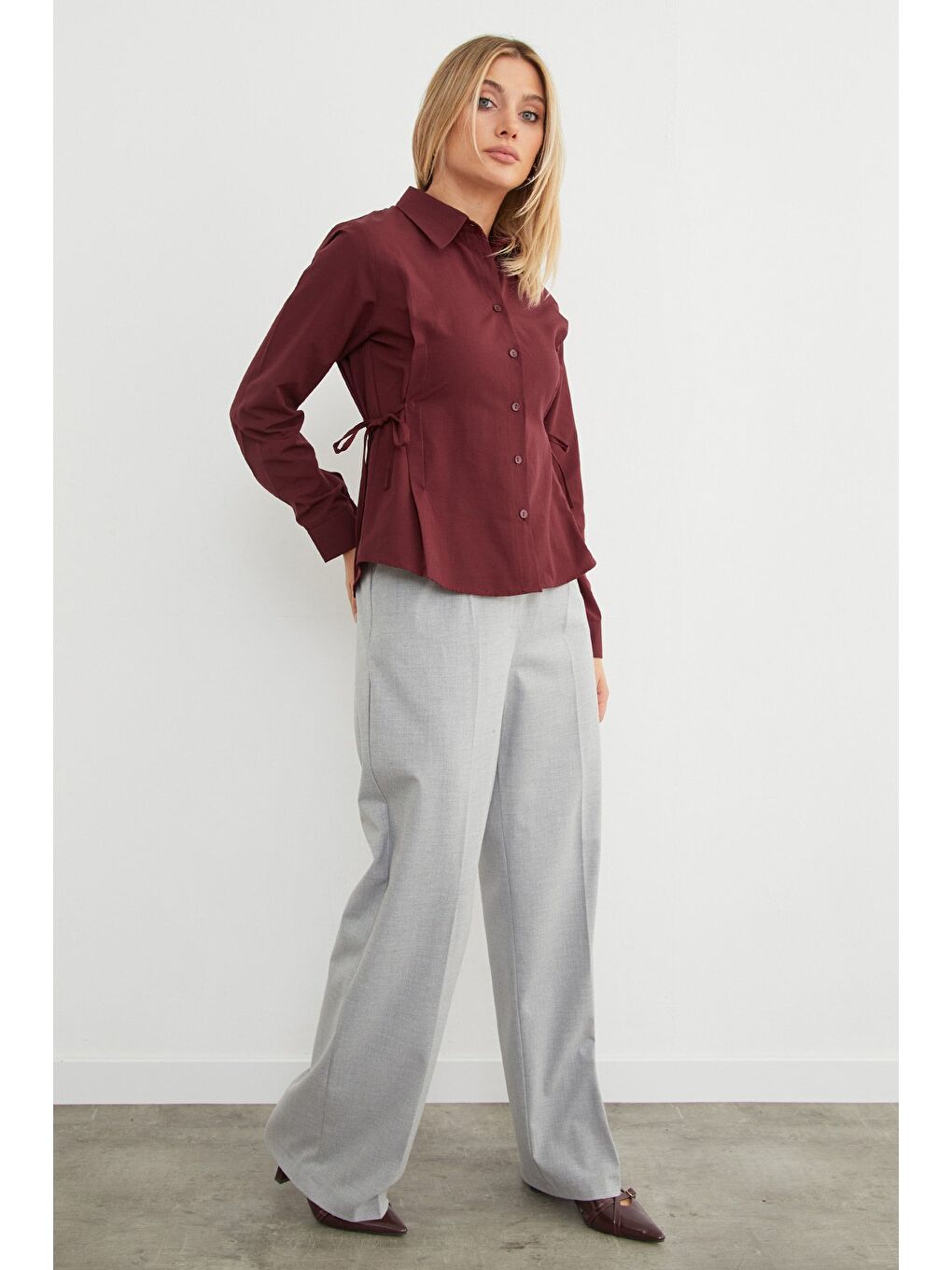 Bordo Basic Yanı Bağlama Detaylı Gömlek-3