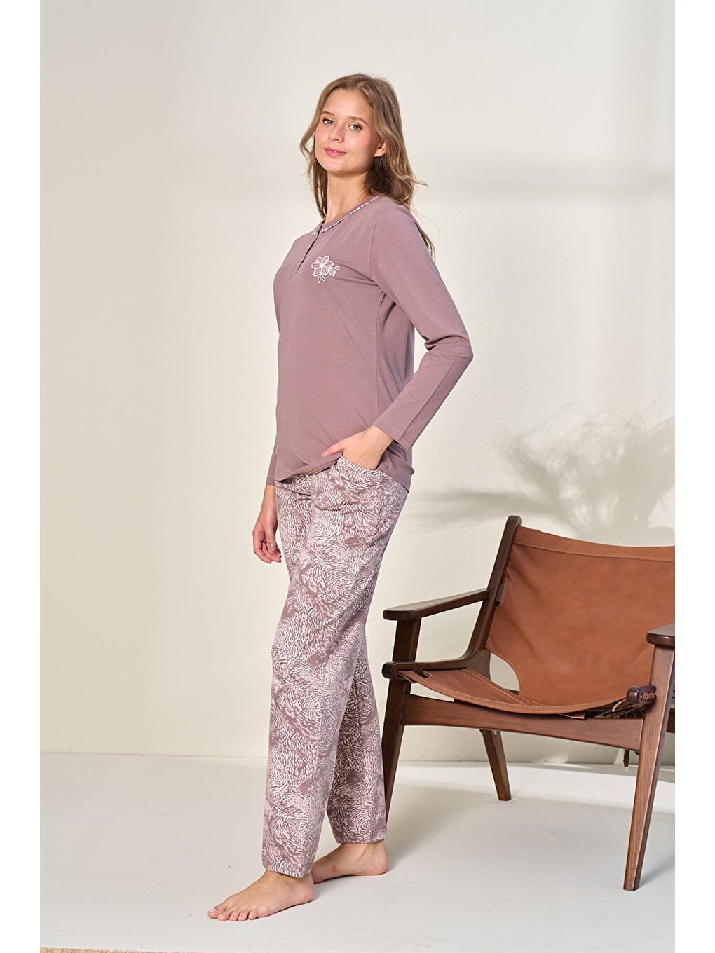 Kadın Penye Süprem Battal Önü Patlı Pijama Takımı | Açık Kahverengi 3129-2