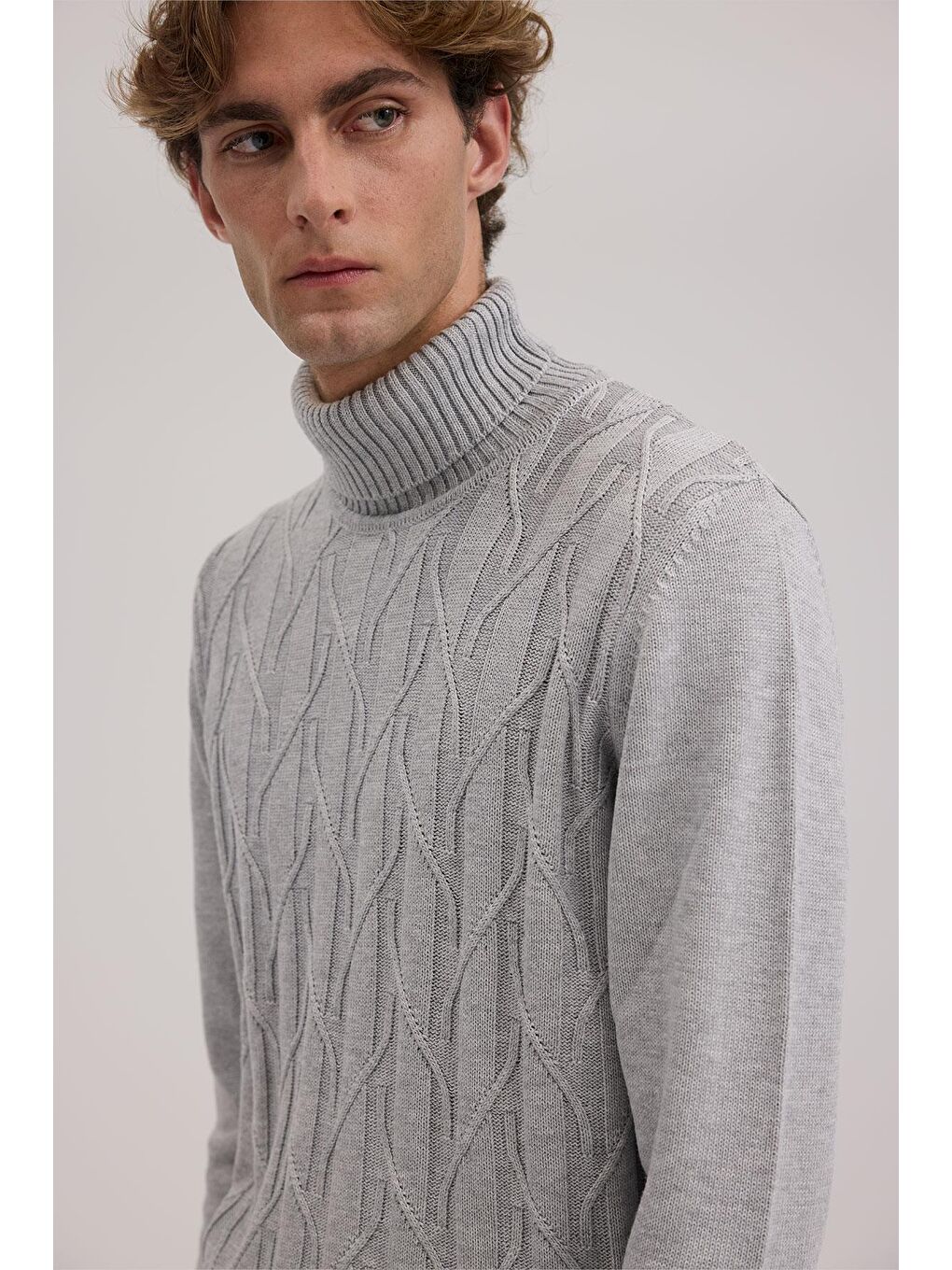 Gri Slim Fit Desenli Tam Balıkçı Yaka Triko-2