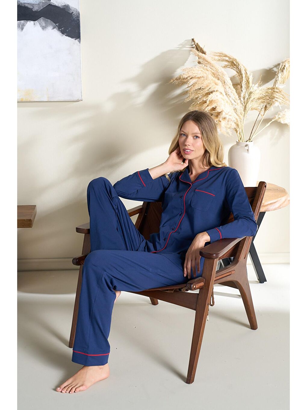 Kadın Penye Süprem Önden Düğmeli Pijama Takımı | Lacivert 3105-1