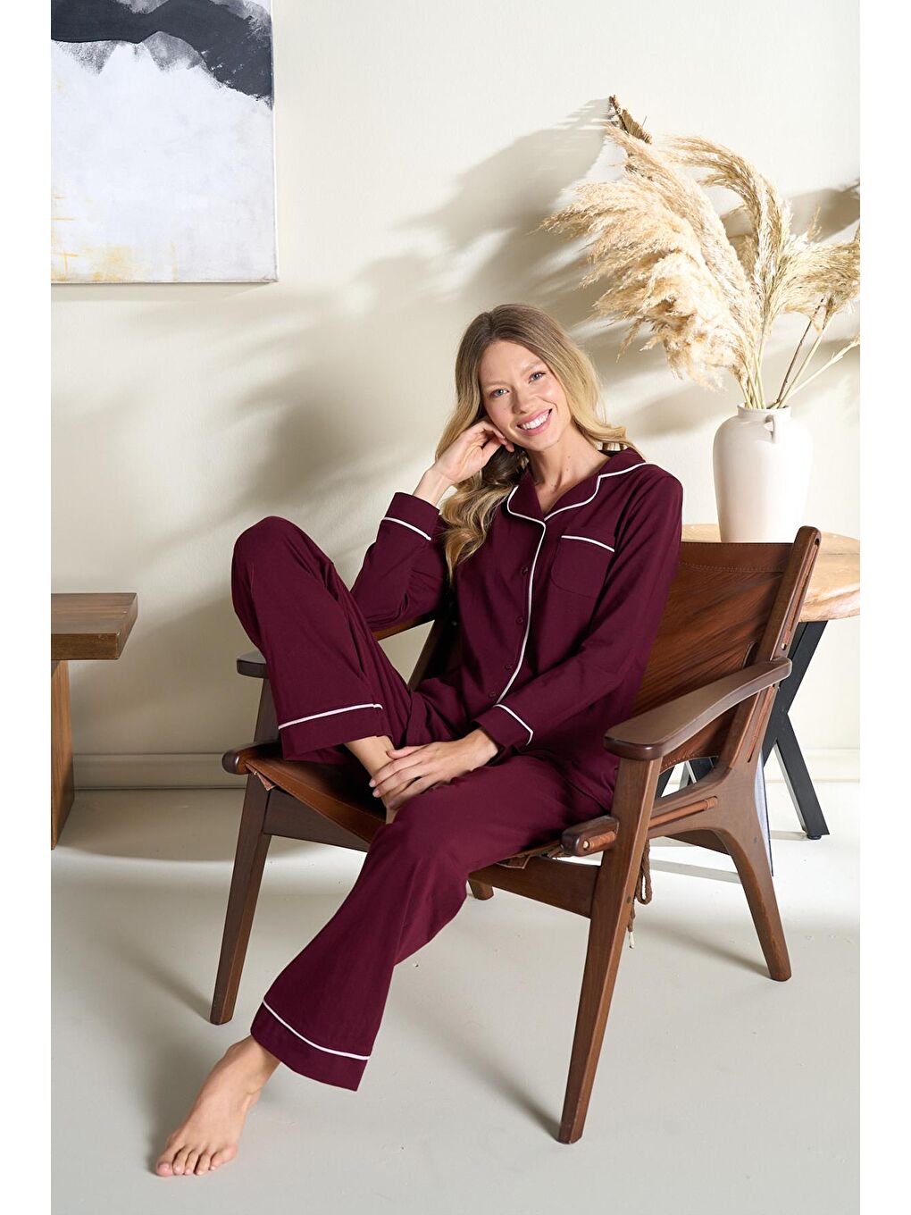 Kadın Penye Süprem Önden Düğmeli Pijama Takımı | Bordo 3102-1